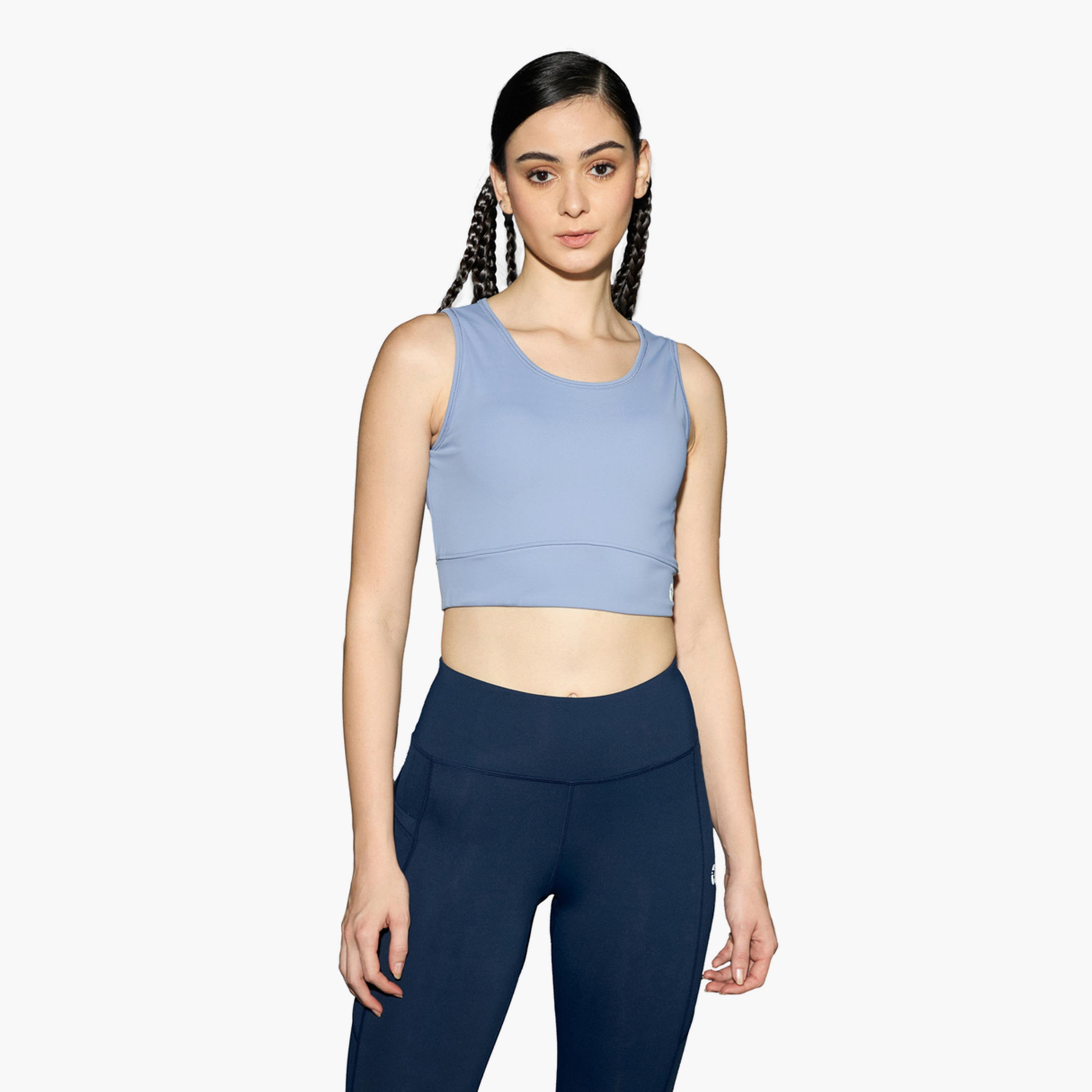 تكنوسبورت × ستايلي - حمالة صدر رياضية مبطنة سادة مع تفاصيل الشعار-women-clothing-lingerie-bras-image-1