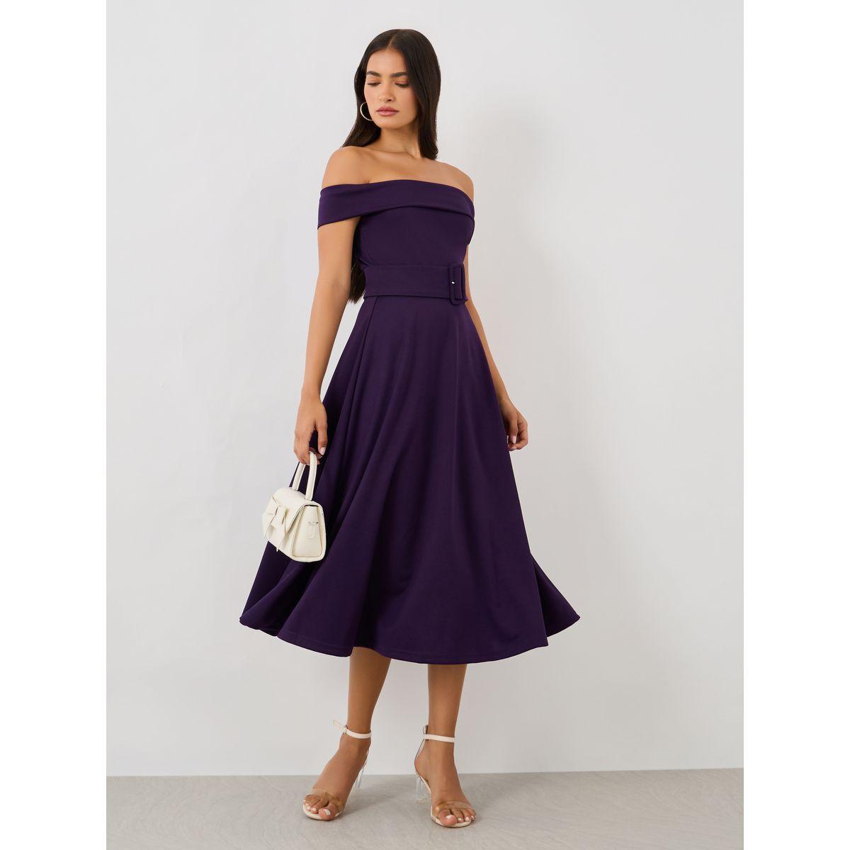 Styli Plain Off Shoulder A-Line Midi Dress with Fabric Belt-women-clothing-dresses-image-1