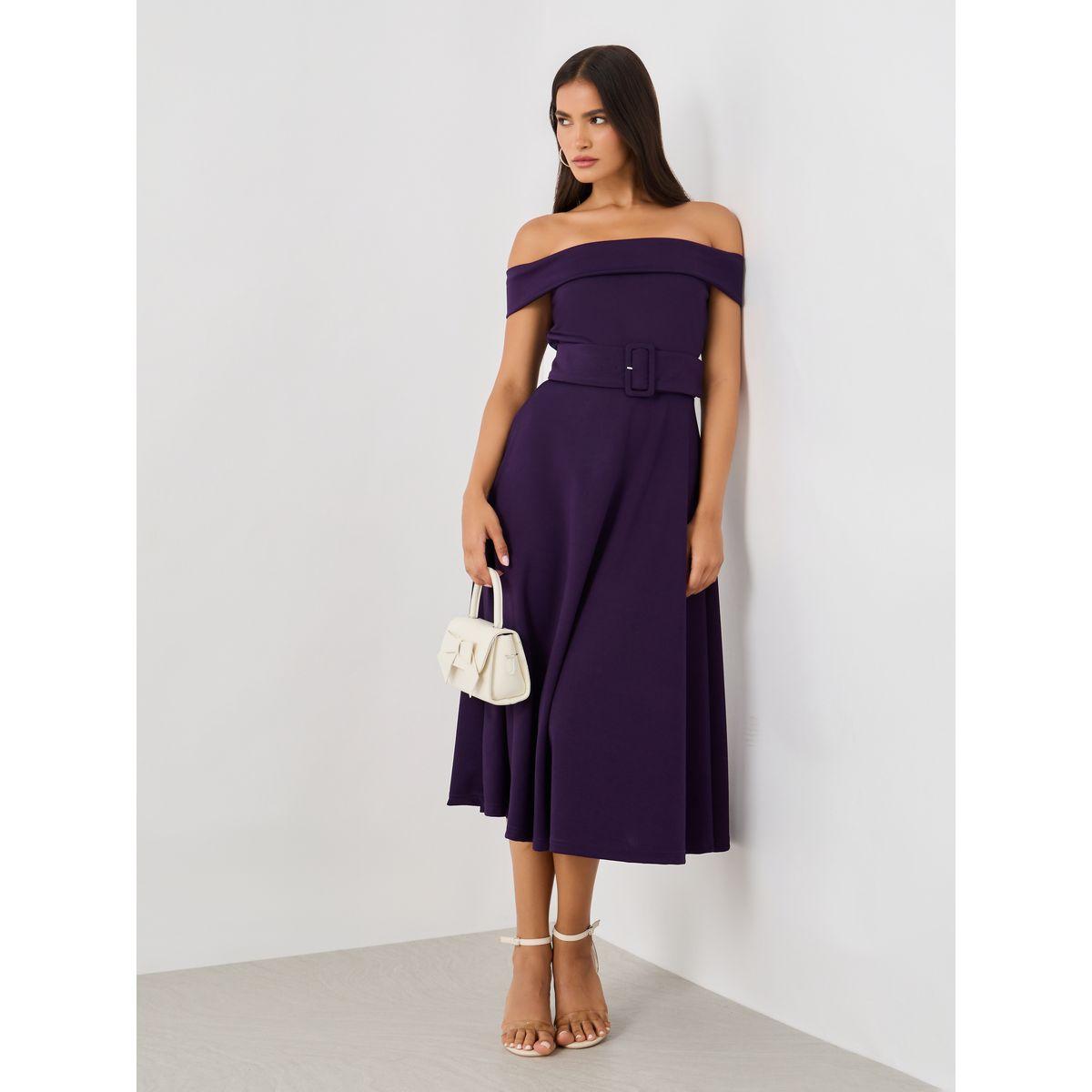 فستان ميدي بأكتاف مكشوفة مع تفاصيل حزام-women-clothing-dresses-image-2