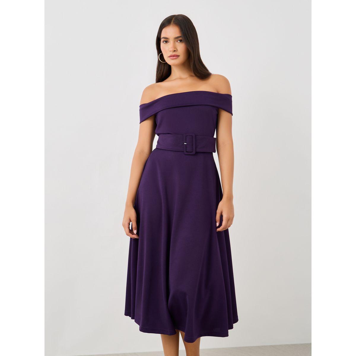 Styli Plain Off Shoulder A-Line Midi Dress with Fabric Belt-women-clothing-dresses-image-3