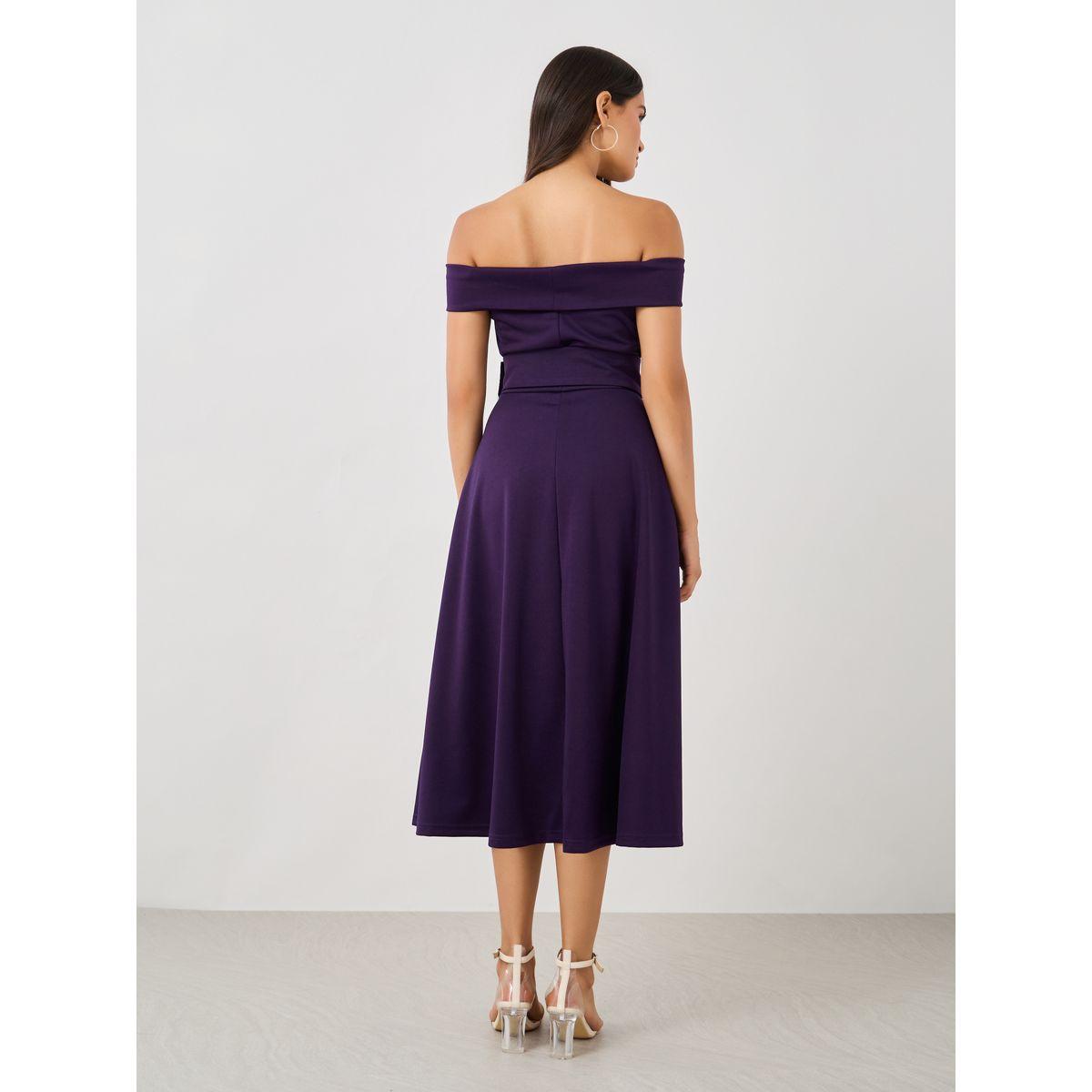 فستان ميدي بأكتاف مكشوفة مع تفاصيل حزام-women-clothing-dresses-image-5