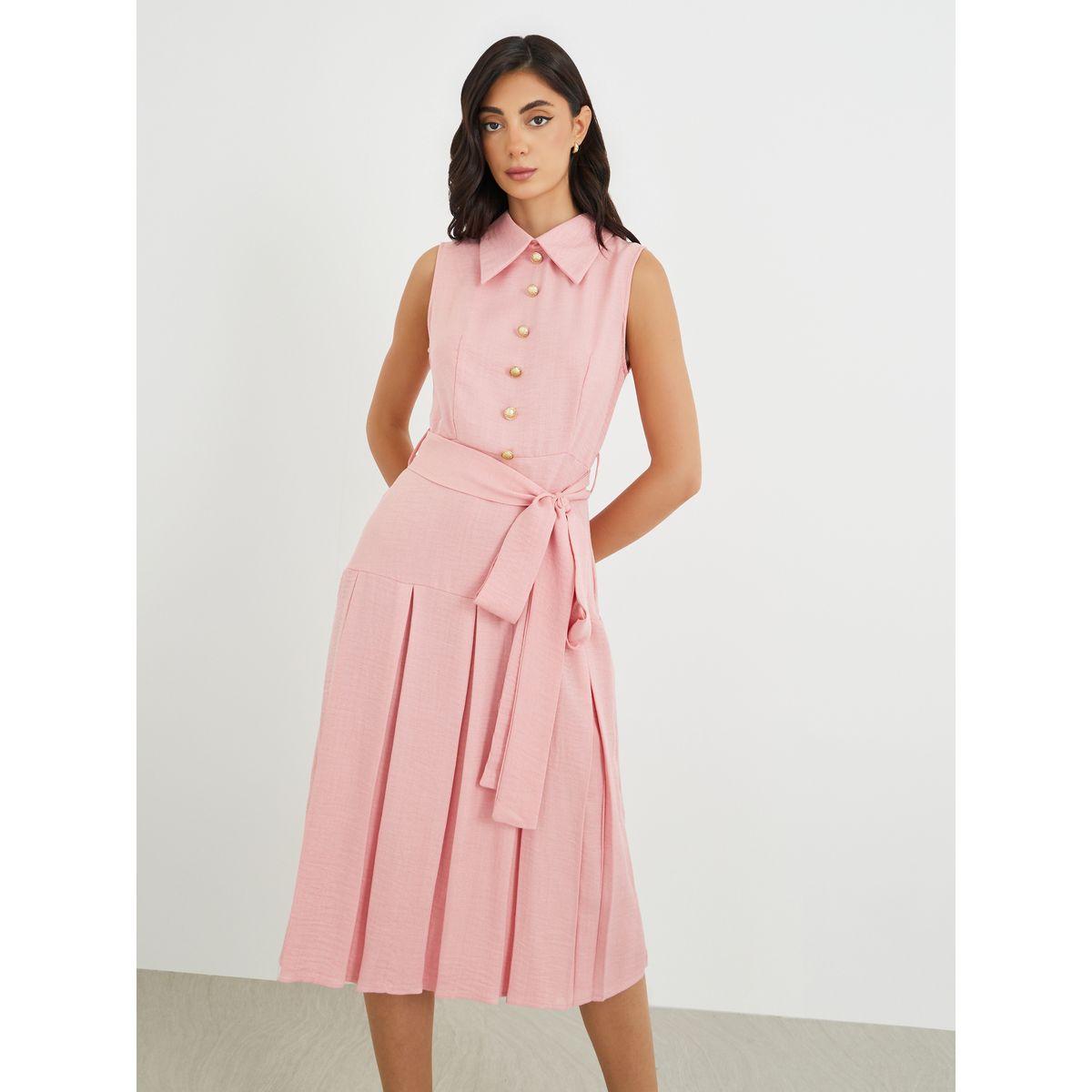 فستان ميدي سادة بدون أكمام مع تفاصيل كسرات-women-clothing-dresses-image-1
