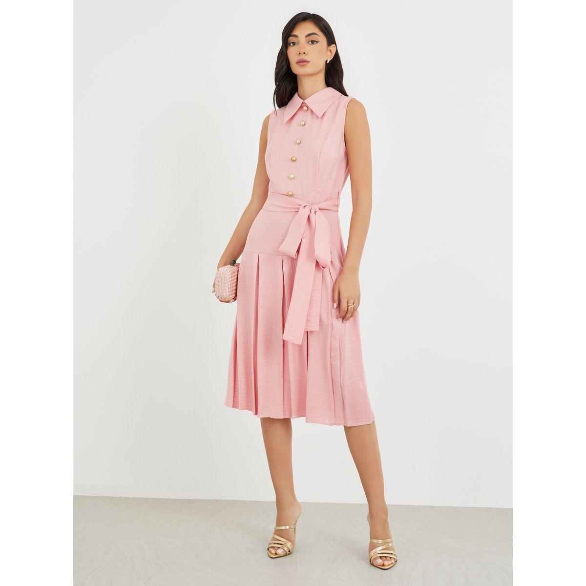 فستان ميدي سادة بدون أكمام مع تفاصيل كسرات-women-clothing-dresses-image-2