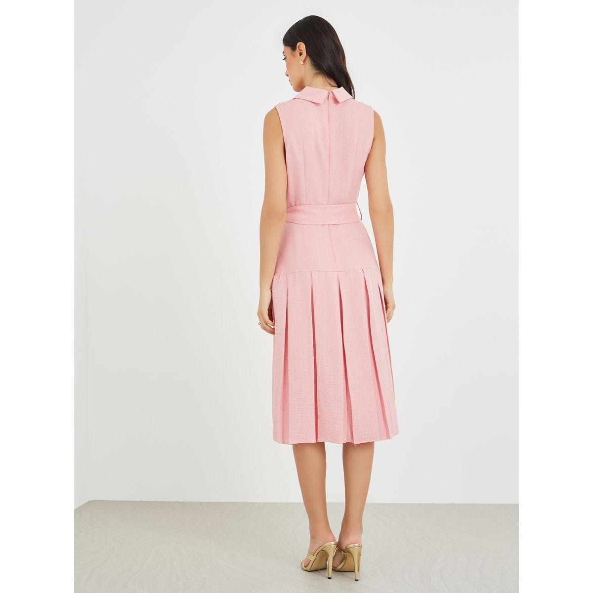 فستان ميدي سادة بدون أكمام مع تفاصيل كسرات-women-clothing-dresses-image-4