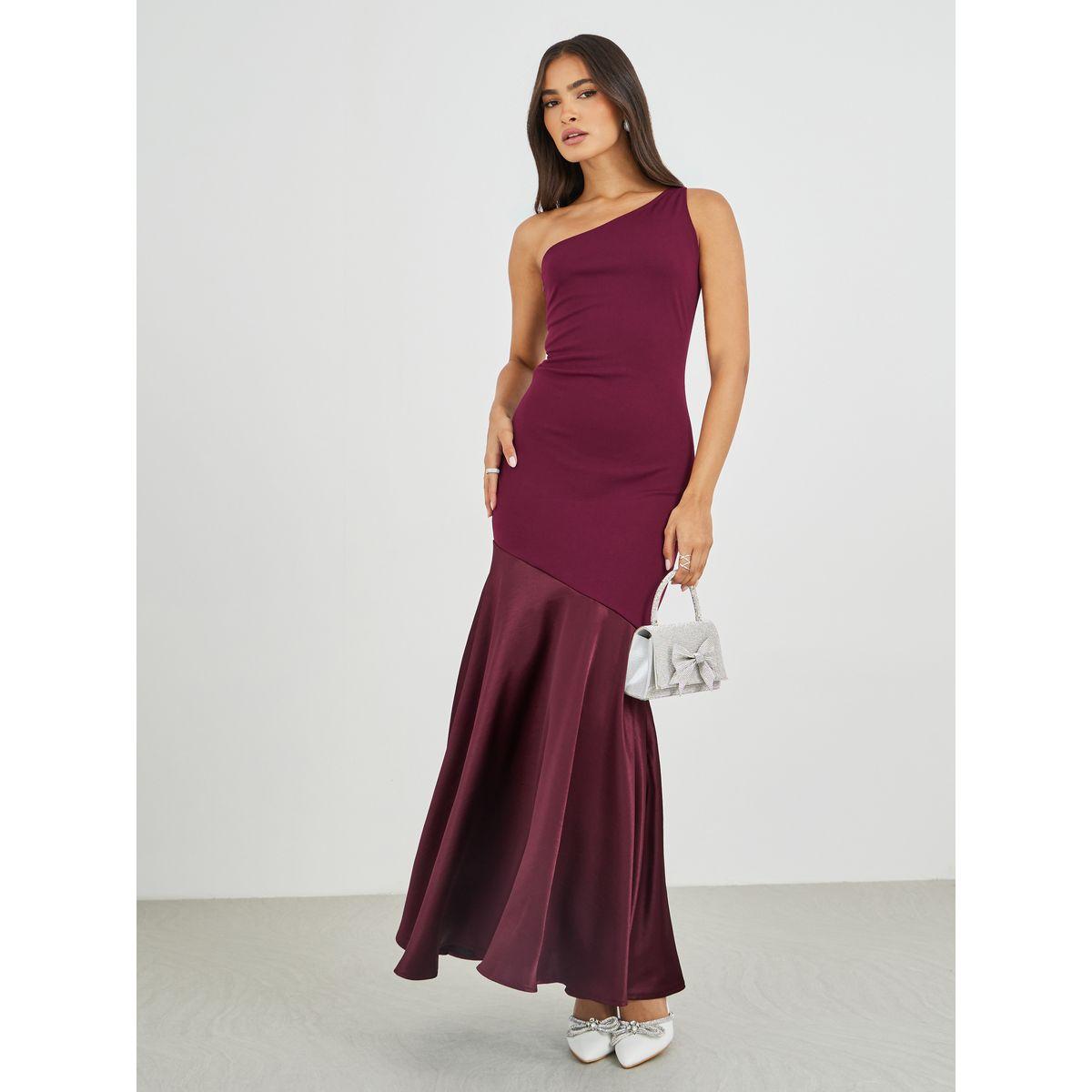 فستان طويل سادة بكتف واحد وحافة ميرميد-women-clothing-dresses-image-1