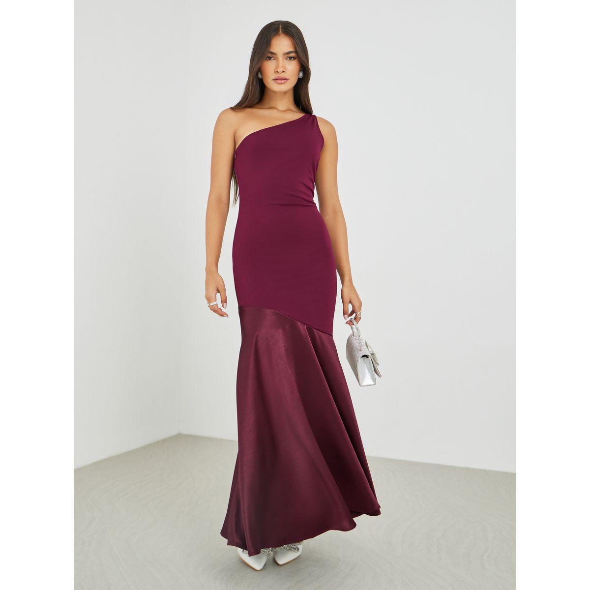 فستان طويل سادة بكتف واحد وحافة ميرميد-women-clothing-dresses-image-2