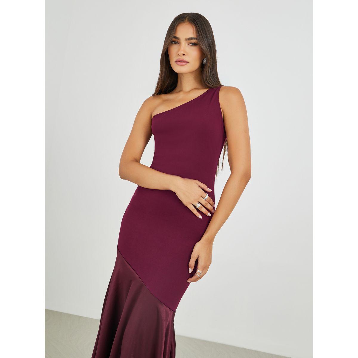 فستان طويل سادة بكتف واحد وحافة ميرميد-women-clothing-dresses-image-3