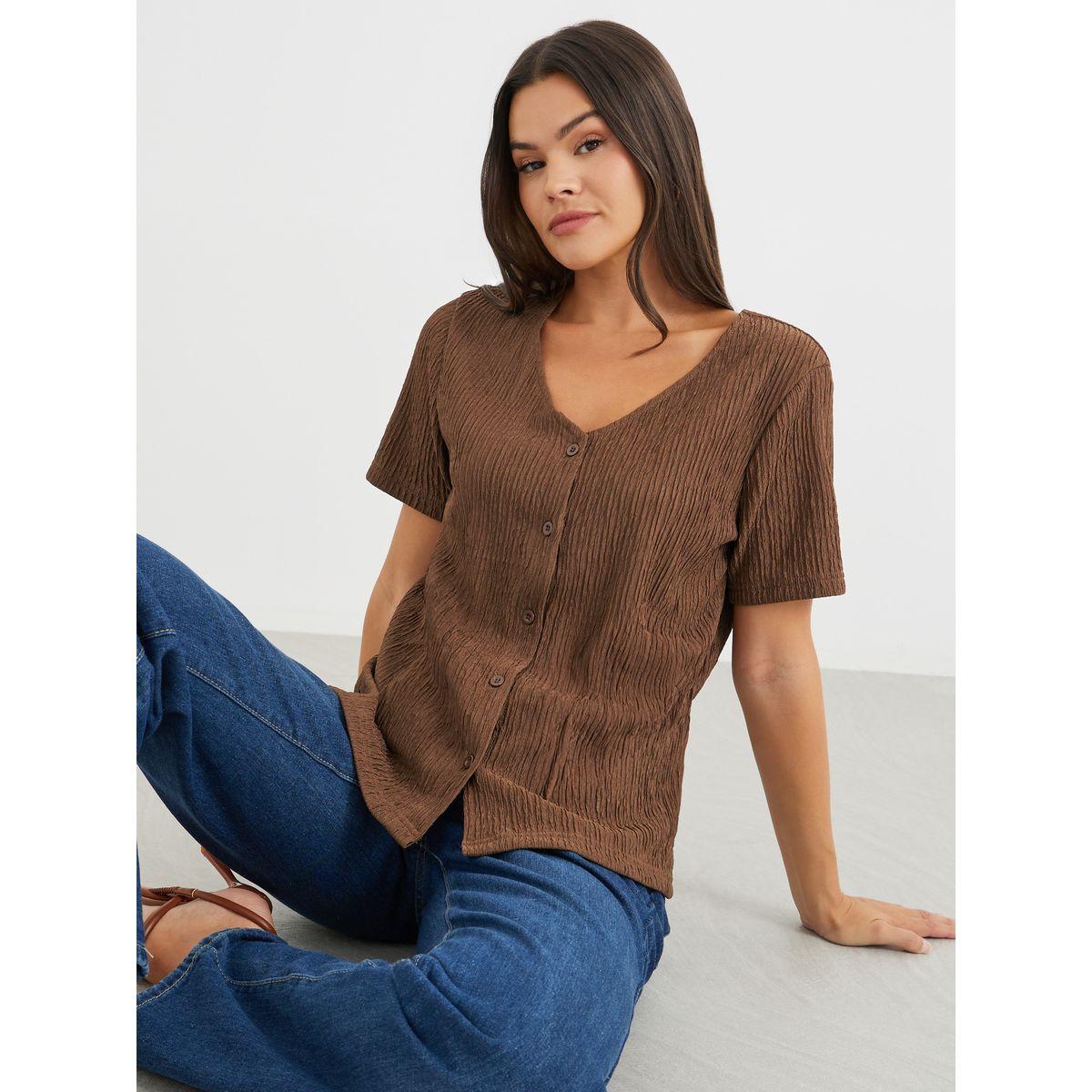 Styli Textured V-Neck Front Button Blouse-women-clothing-shirtsandblouses-blouses-image-1