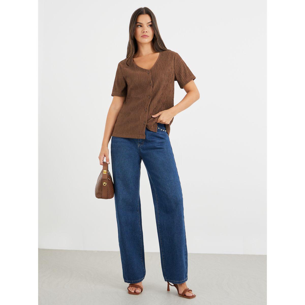 Styli Textured V-Neck Front Button Blouse-women-clothing-shirtsandblouses-blouses-image-2
