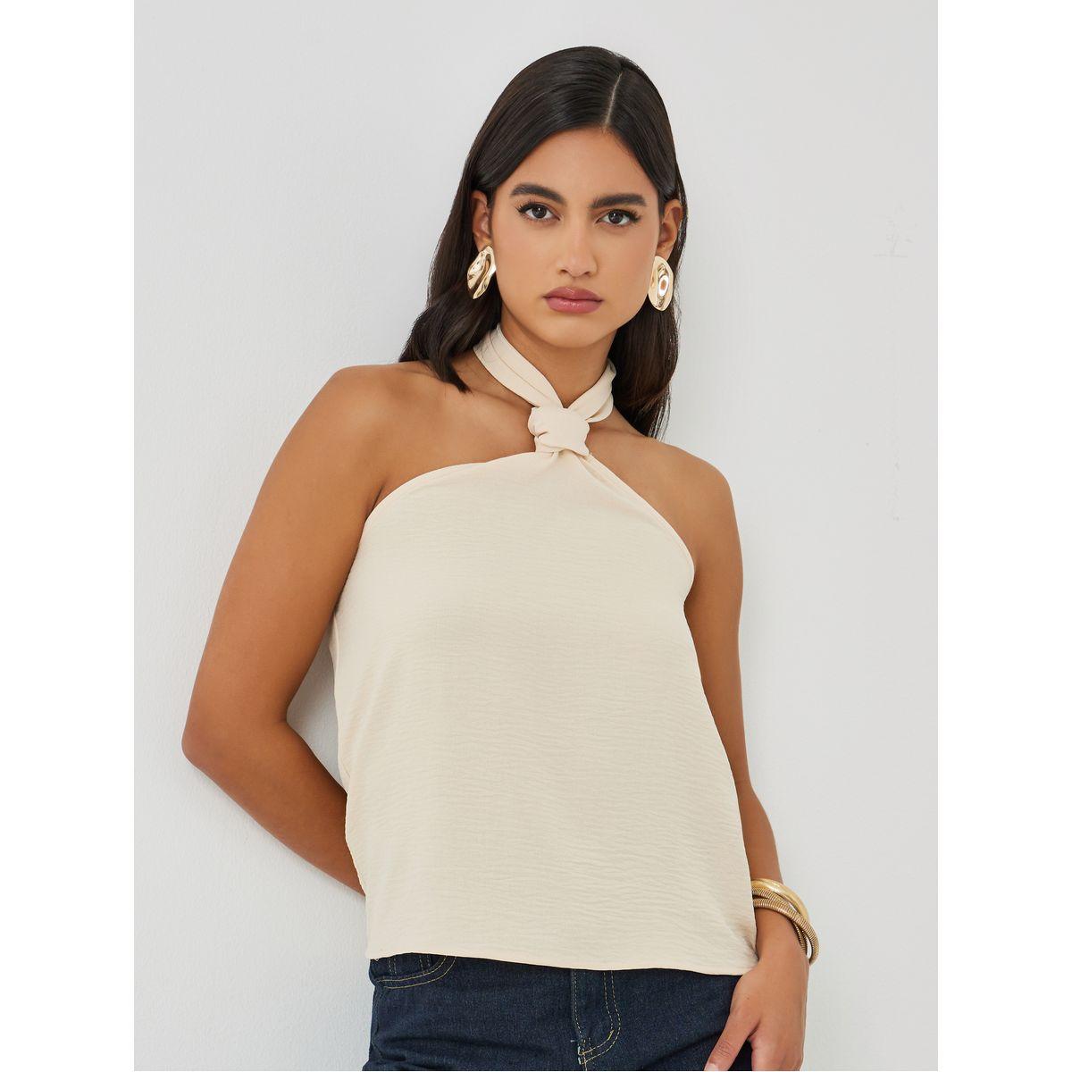 بلوزة كامي سادة بياقة هولتر وتفاصيل ملفوفة-women-clothing-tshirts-image-1