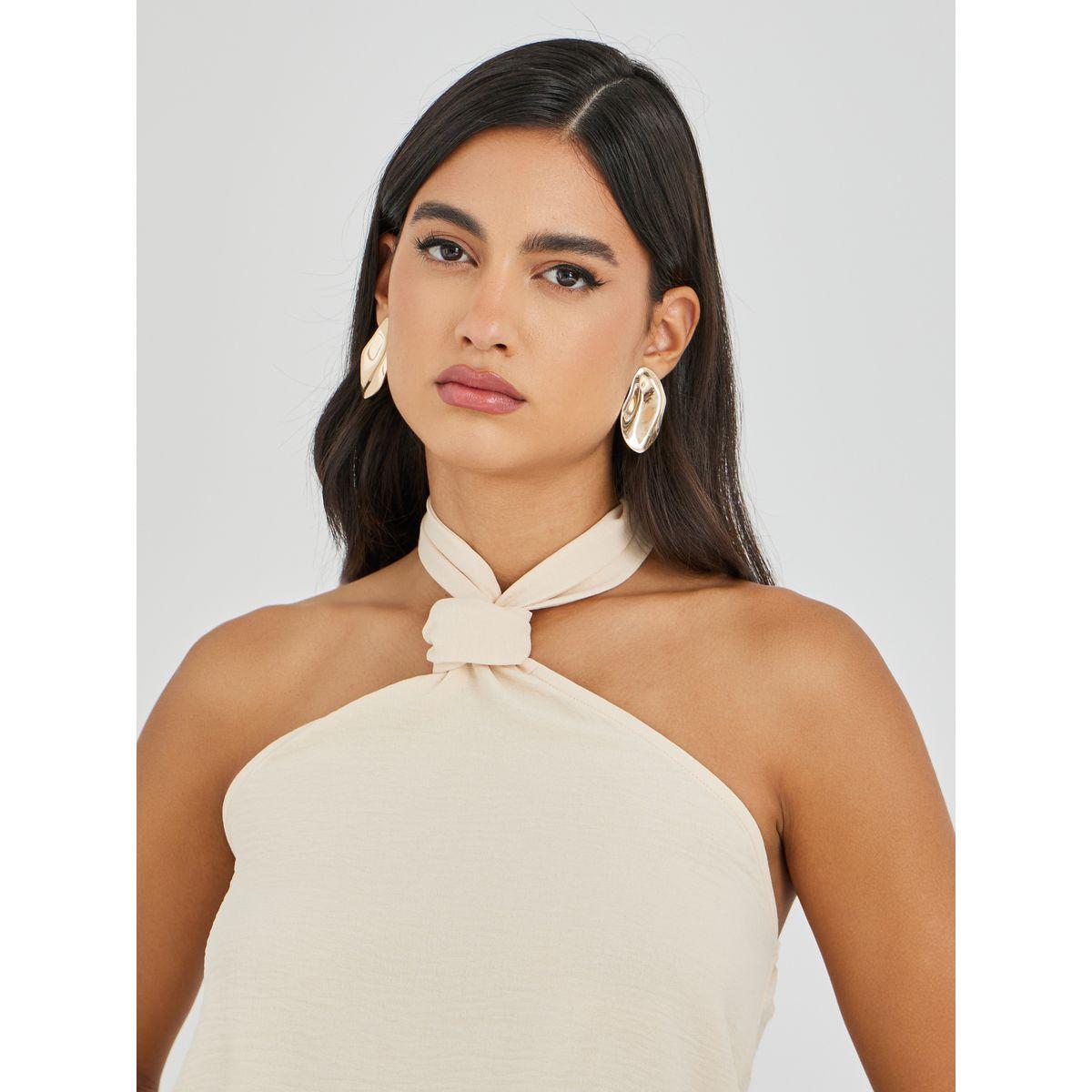 بلوزة كامي سادة بياقة هولتر وتفاصيل ملفوفة-women-clothing-tshirts-image-3