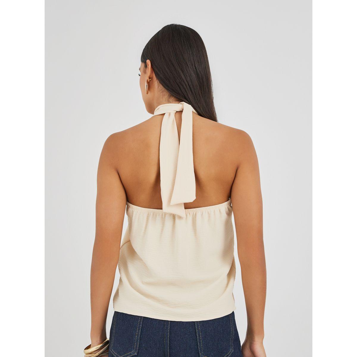 بلوزة كامي سادة بياقة هولتر وتفاصيل ملفوفة-women-clothing-tshirts-image-4