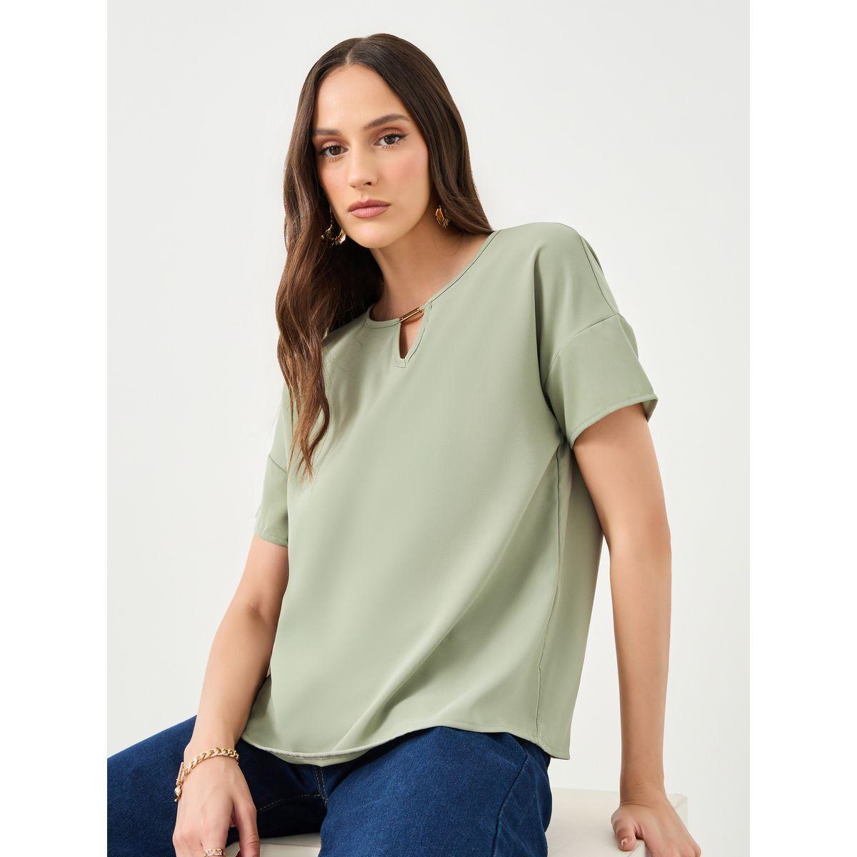 Styli Women Green Solid Keyhole Neck Short Sleeve Blouse-women-clothing-shirtsandblouses-blouses-image-1