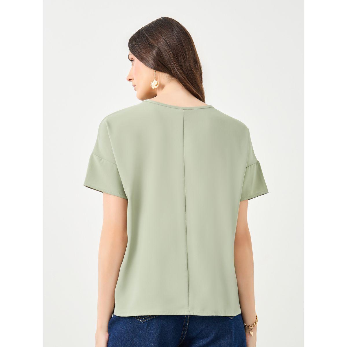 Styli Women Green Solid Keyhole Neck Short Sleeve Blouse-women-clothing-shirtsandblouses-blouses-image-5