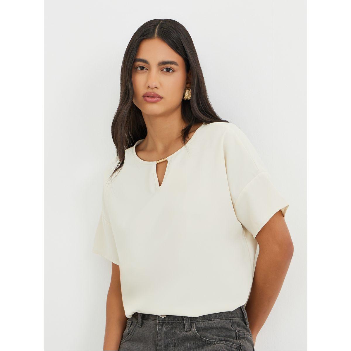 Styli Solid Keyhole Neck Short Sleeve Blouse-women-clothing-shirtsandblouses-blouses-image-1