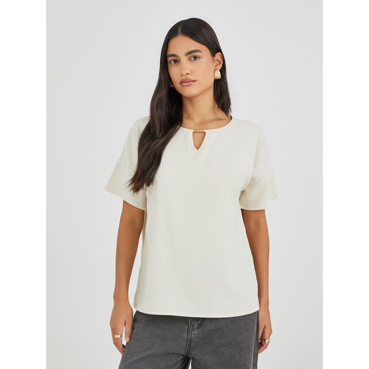 Styli Solid Keyhole Neck Short Sleeve Blouse-women-clothing-shirtsandblouses-blouses-image-2
