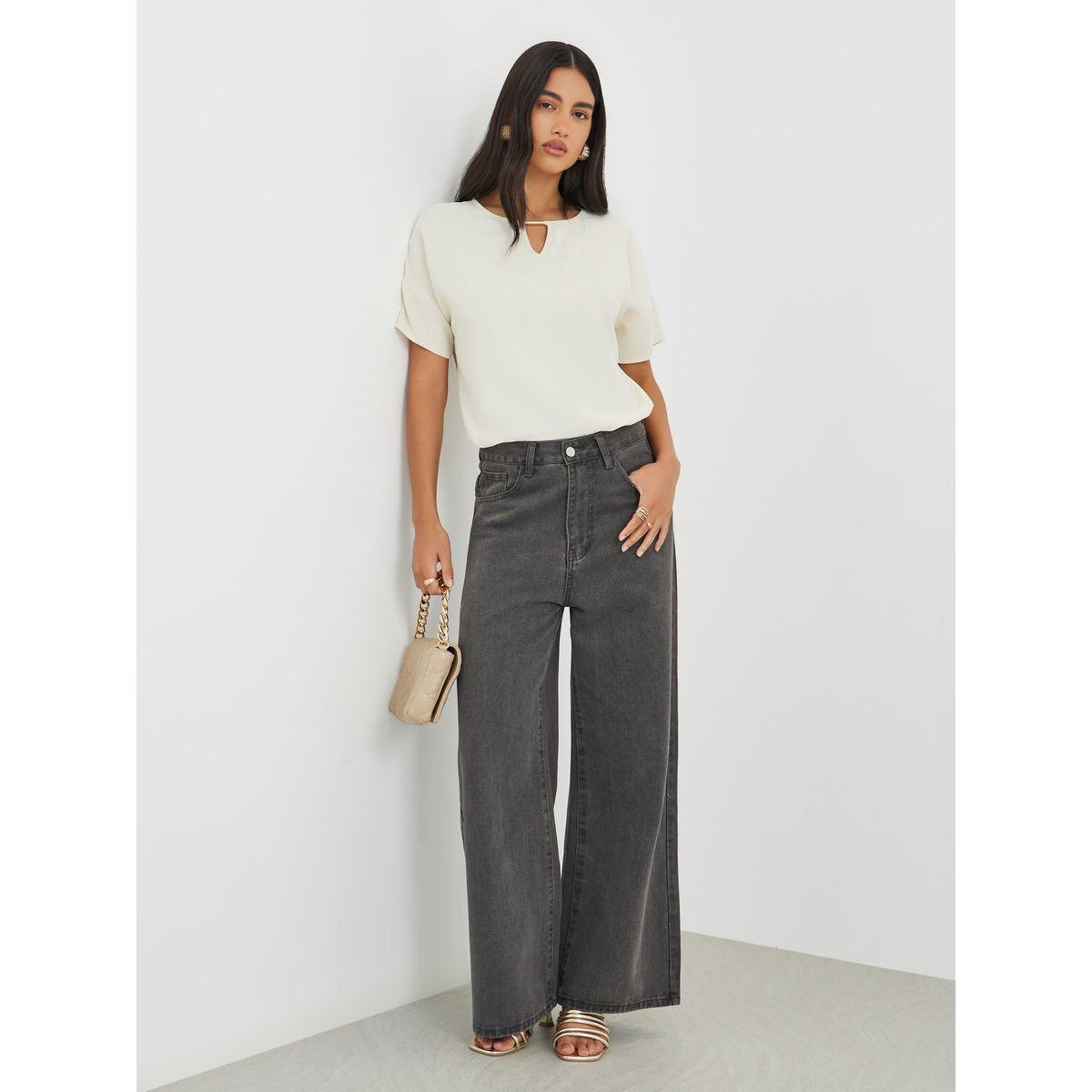 Styli Solid Keyhole Neck Short Sleeve Blouse-women-clothing-shirtsandblouses-blouses-image-3