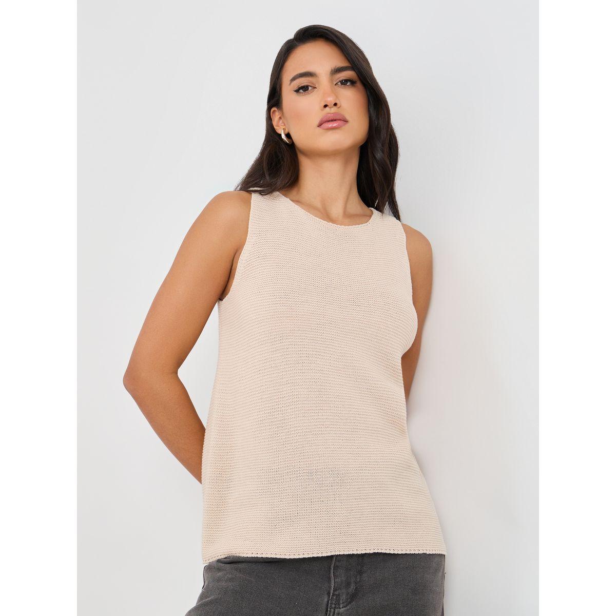 بلوزة محبوكة بلا أكمام بياقة دائرية-women-clothing-tshirts-image-1