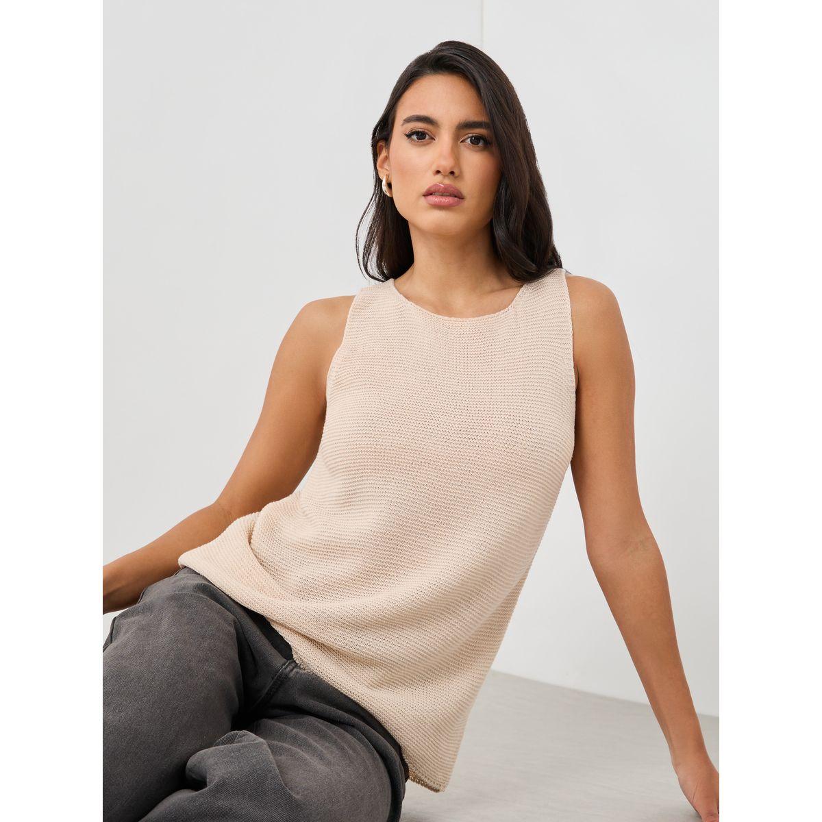 بلوزة محبوكة بلا أكمام بياقة دائرية-women-clothing-tshirts-image-2