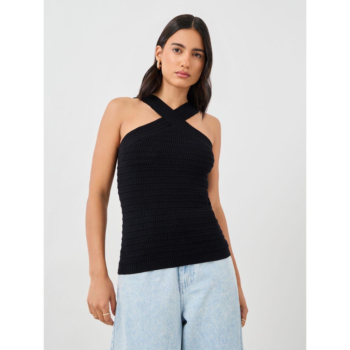 بلوزة بلا أكمام محبوكة بكروشيه وياقة بنمط كروس-women-clothing-tshirts-image-2