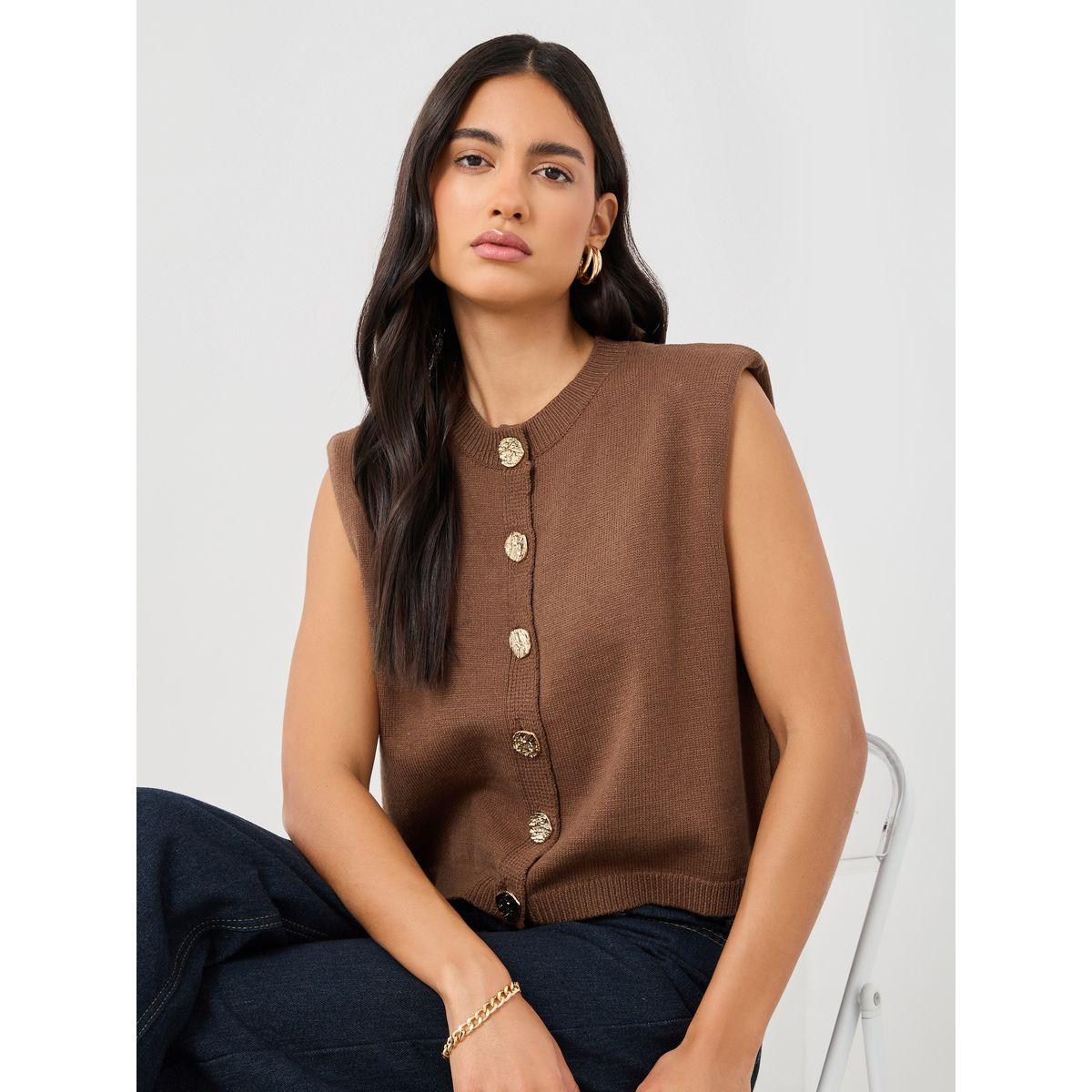 Styli Solid Buttoned Sleeveless Top with Shoulder Pad Detail-women-clothing-shirtsandblouses-blouses-image-1