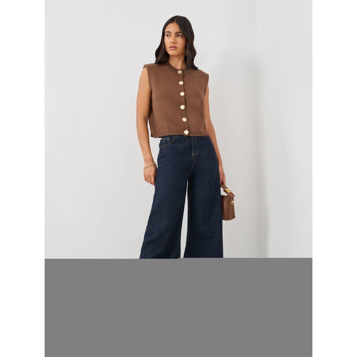 بلوزة سادة بلا أكمام مع أزرار وأكتاف مبطنة-women-clothing-shirtsandblouses-blouses-image-2