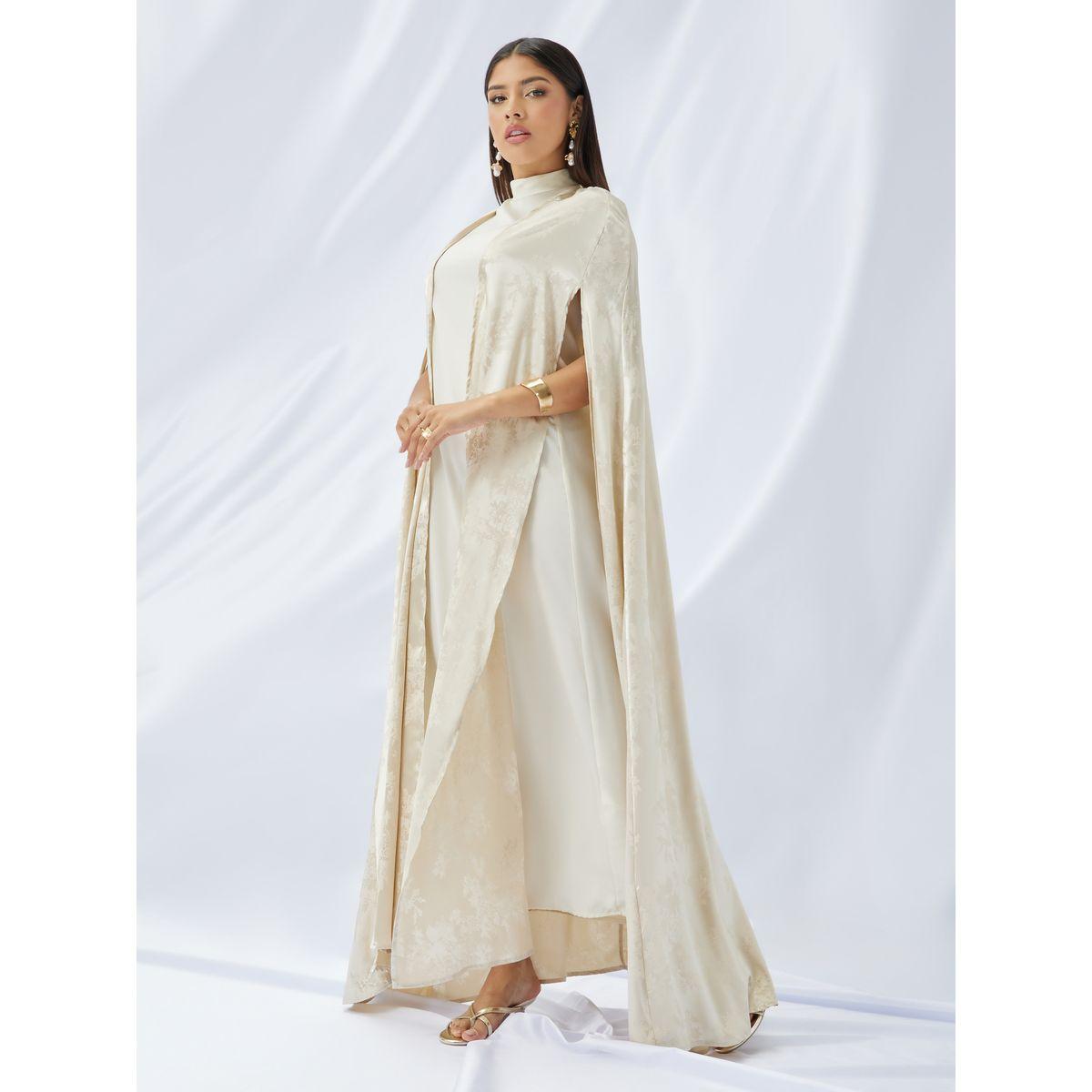 Styli Stand Collar Satin Inner Dress with Jacquard Cape Abaya Set-women-arabicclothing-abayas-image-1