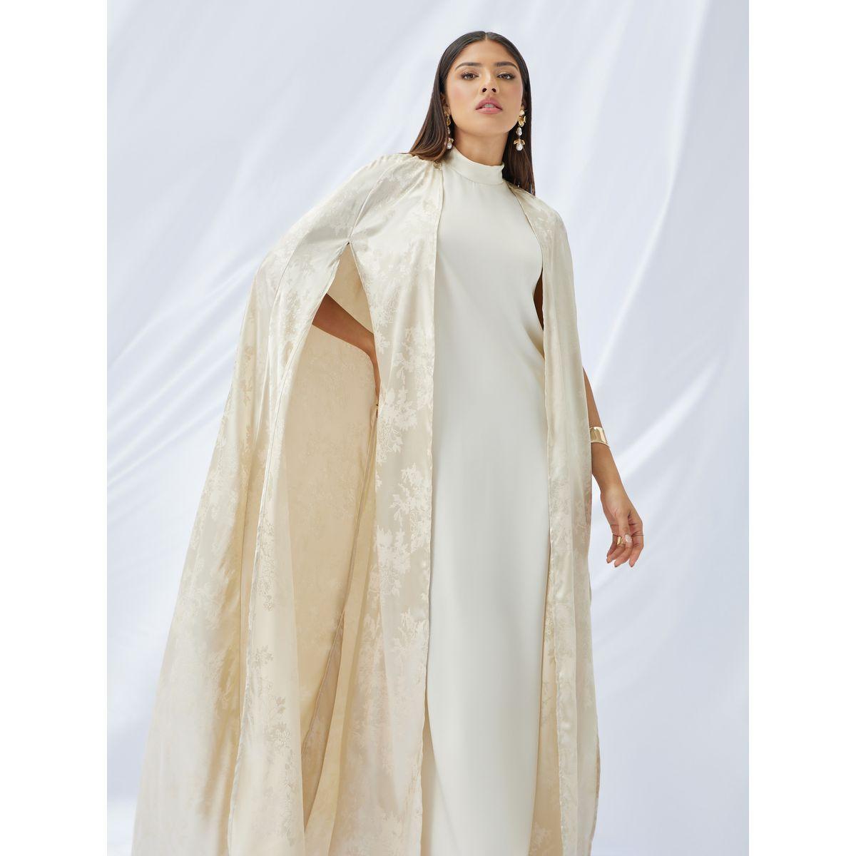 Styli Stand Collar Satin Inner Dress with Jacquard Cape Abaya Set-women-arabicclothing-abayas-image-2