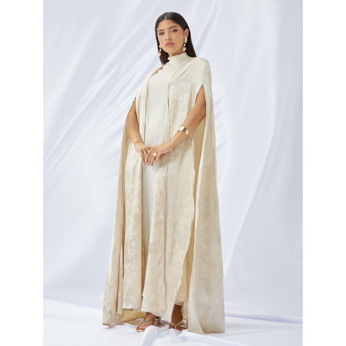 Styli Stand Collar Satin Inner Dress with Jacquard Cape Abaya Set-women-arabicclothing-abayas-image-3