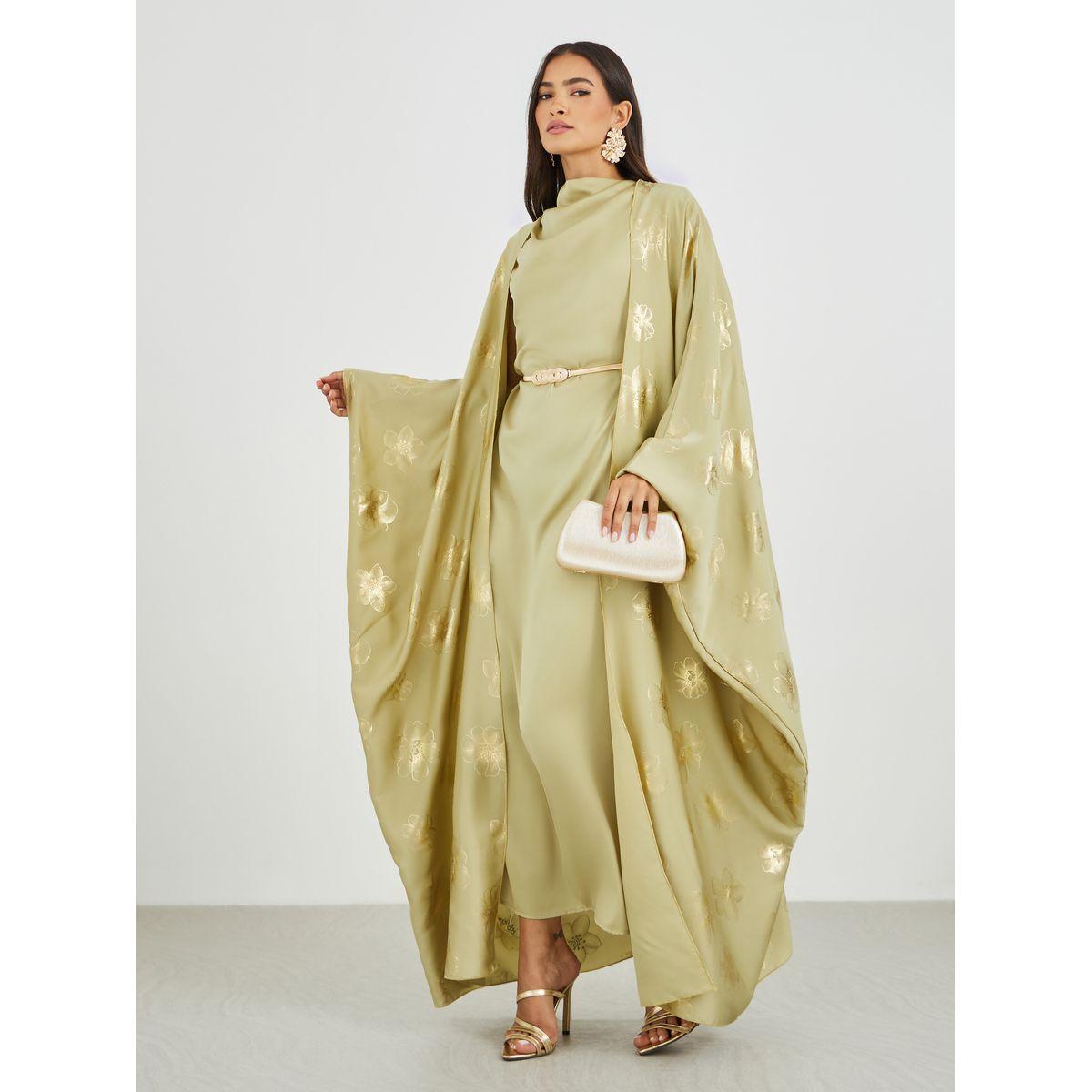 عباية ساتان بنمط كيب وفستان طويل مع حزام-women-arabicclothing-abayas-image-1