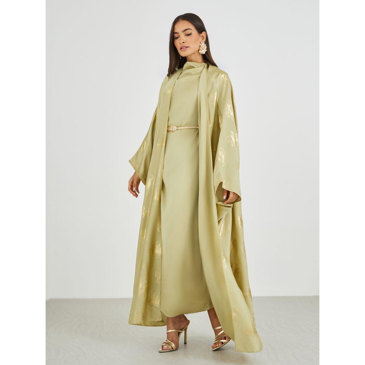 عباية ساتان بنمط كيب وفستان طويل مع حزام-women-arabicclothing-abayas-image-2