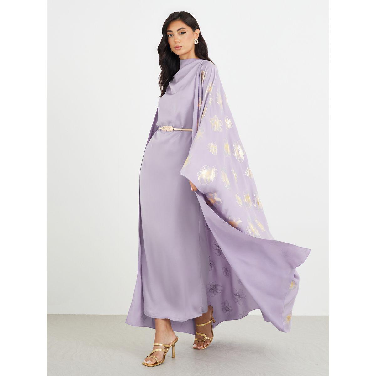 Styli Satin Foil Print Abaya and Cowl Neck Dress with Belt Set-women-arabicclothing-abayas-image-1