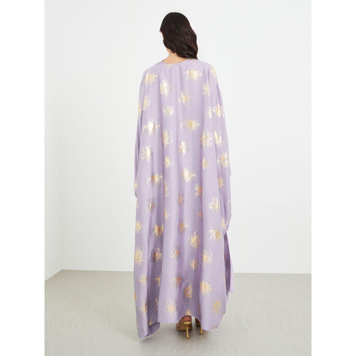 Styli Satin Foil Print Abaya and Cowl Neck Dress with Belt Set-women-arabicclothing-abayas-image-6