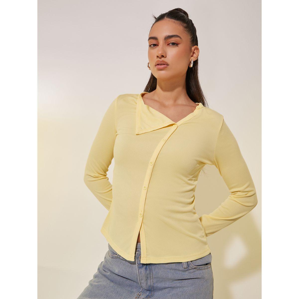 Styli Solid Asymmetric Neck Knit Top with Button Detail-women-clothing-tshirts-image-1