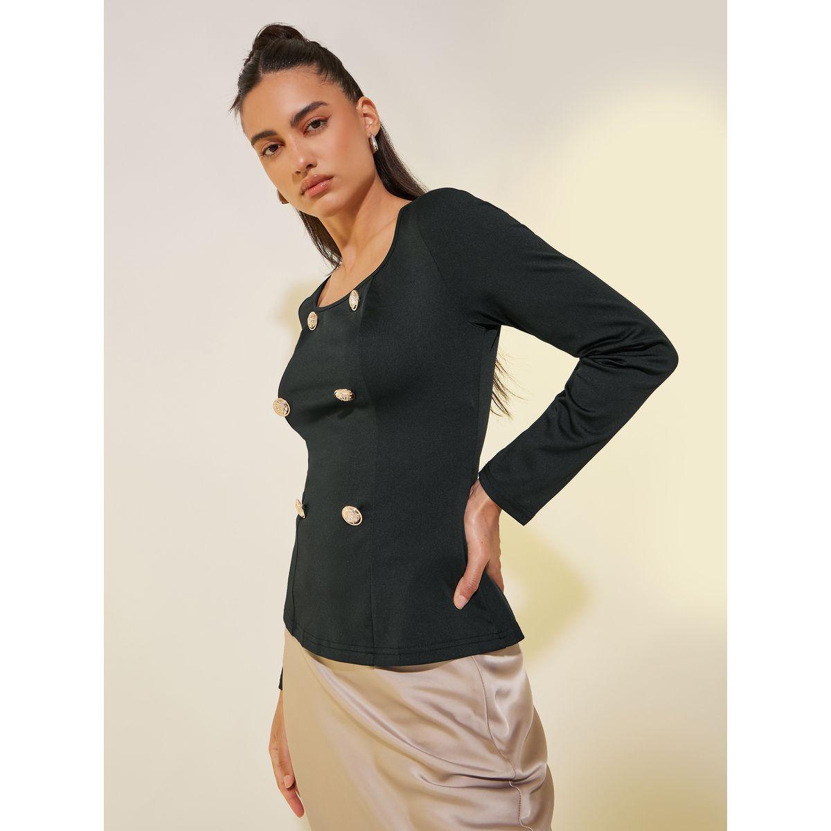 Styli Solid Square Neck Button Detail Knit Top-women-clothing-tshirts-image-2