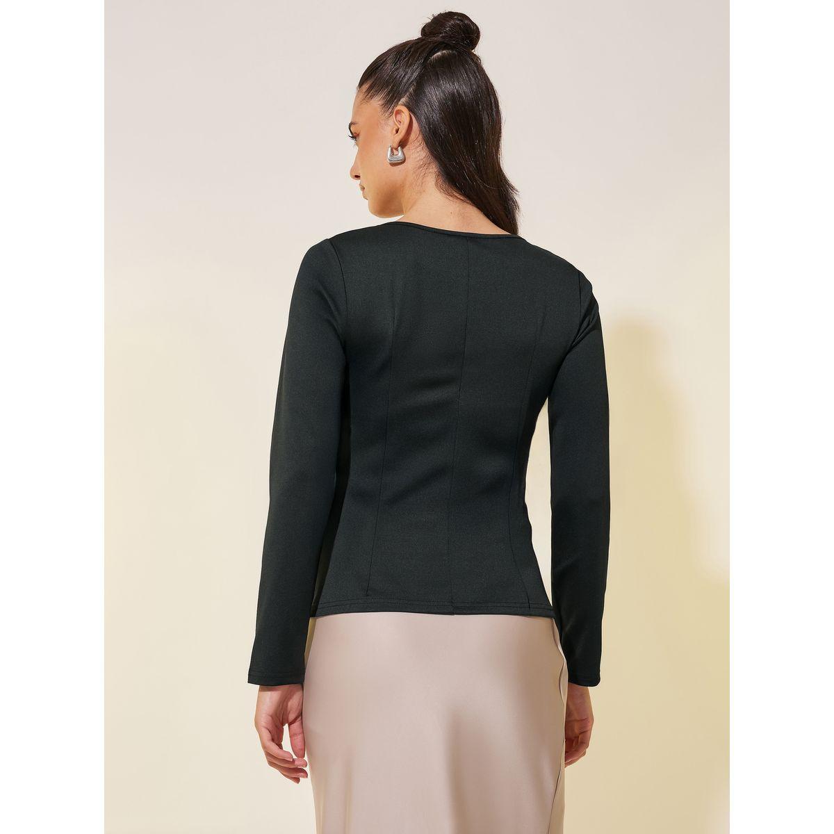 بلوزة سادة بياقة مربعة مع تفاصيل أزرار-women-clothing-tshirts-image-4