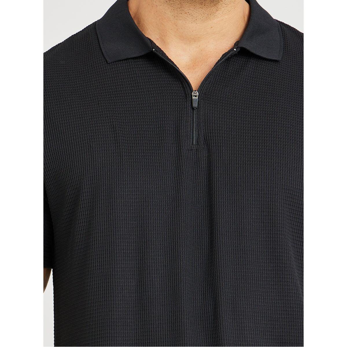 Styli Men Black Textured Zip Front Relaxed Fit Polo T-Shirt-men-clothing-tshirtsandpolos-polos-image-3