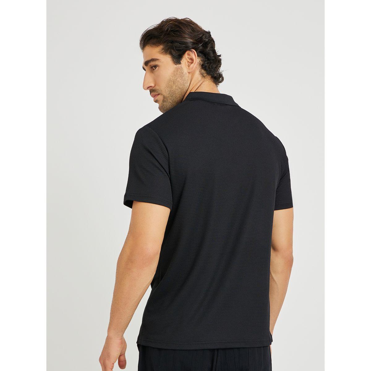 Styli Men Black Textured Zip Front Relaxed Fit Polo T-Shirt-men-clothing-tshirtsandpolos-polos-image-4