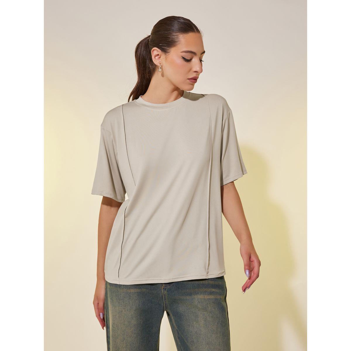 Styli Plain Round Neck Oversized T-Shirt with Pintuck-women-clothing-tshirts-image-1