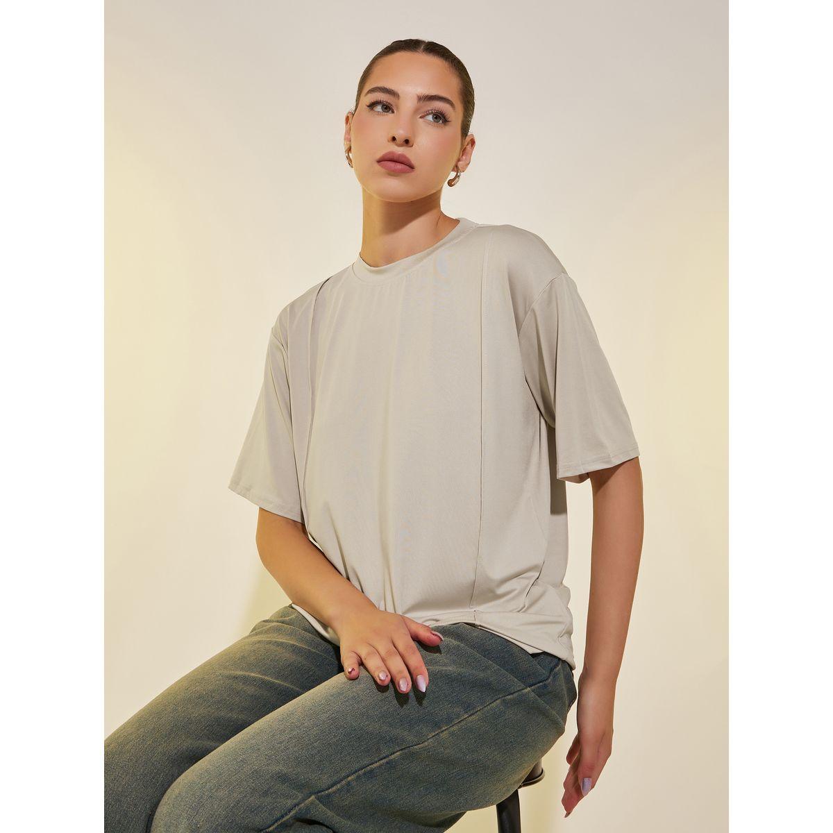 Styli Plain Round Neck Oversized T-Shirt with Pintuck-women-clothing-tshirts-image-5