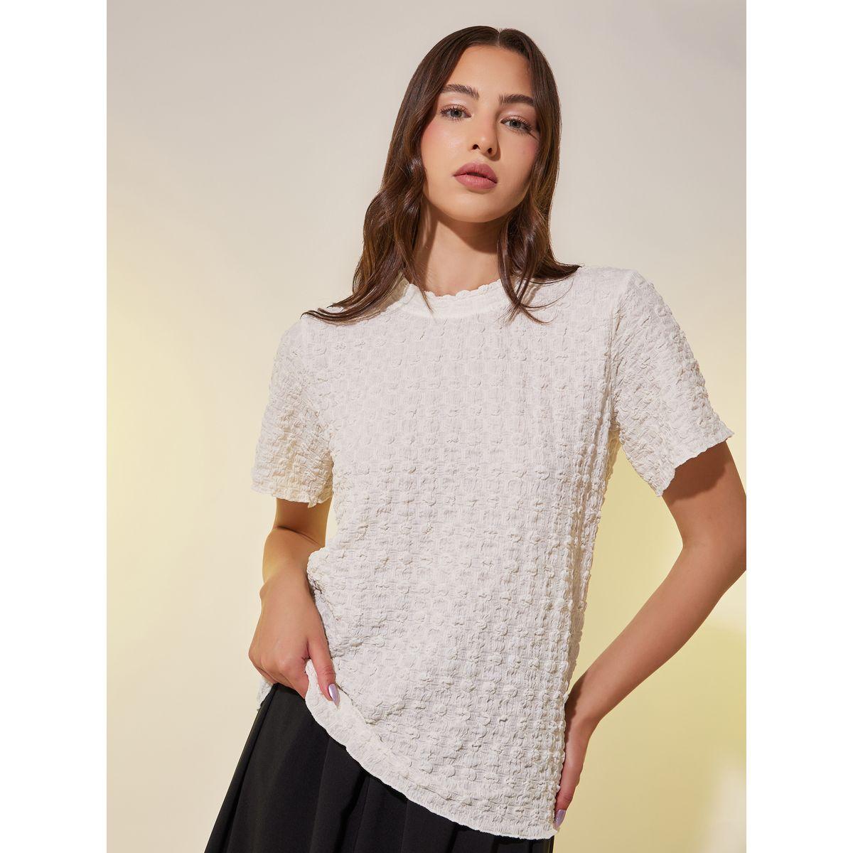 Styli Textured Round Neck Regular Fit T-Shirt-women-clothing-tshirts-image-1