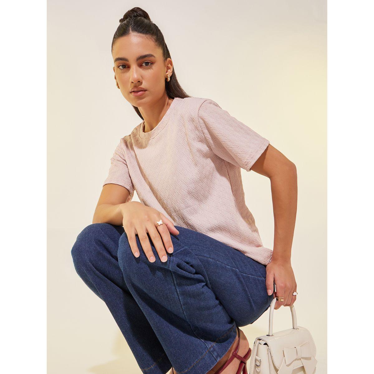 Styli Textured Round Neck Regular Fit T-Shirt-women-clothing-tshirts-image-1