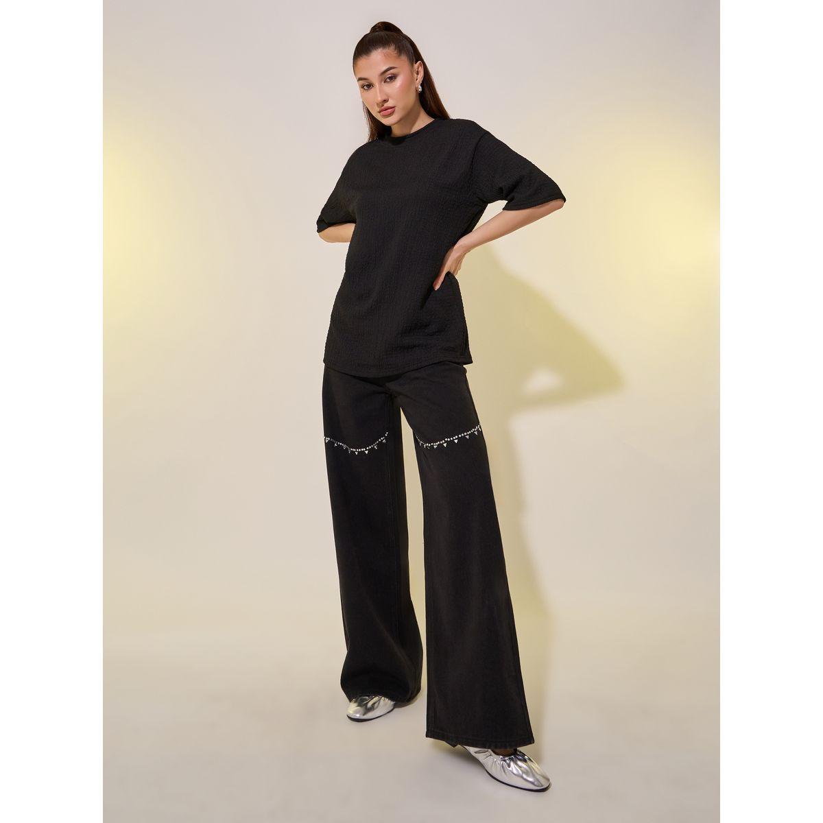 تيشيرت فضفاض بياقة دائرية وتفاصيل بارزة الملمس-women-clothing-tshirts-image-2