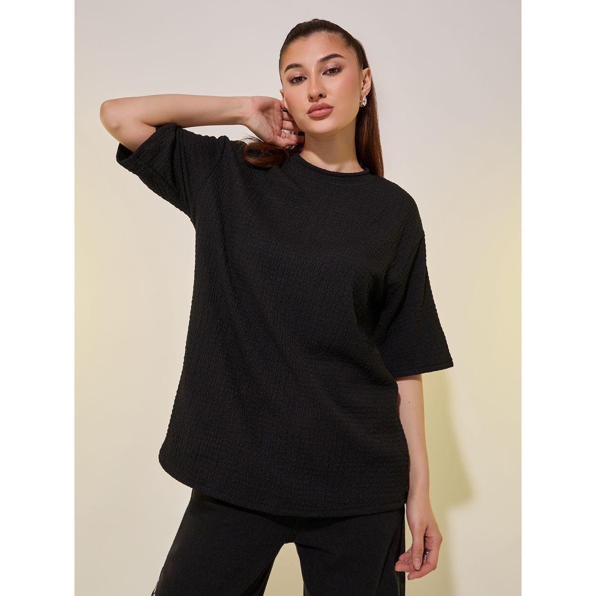 تيشيرت فضفاض بياقة دائرية وتفاصيل بارزة الملمس-women-clothing-tshirts-image-3