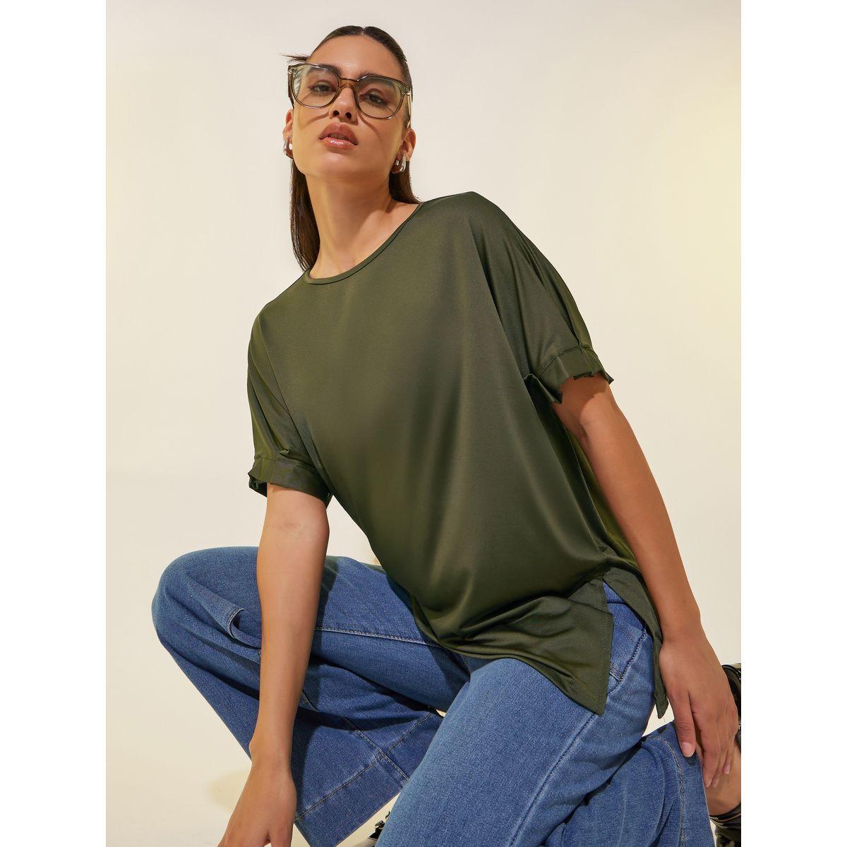 Styli Solid Round Neck Oversized T-Shirt with Slit-women-clothing-tshirts-image-1