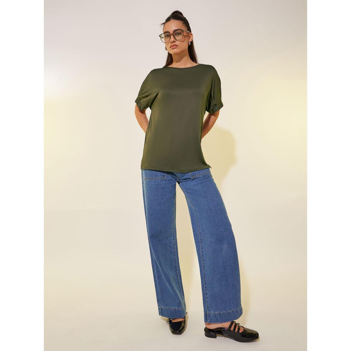 Styli Solid Round Neck Oversized T-Shirt with Slit-women-clothing-tshirts-image-2