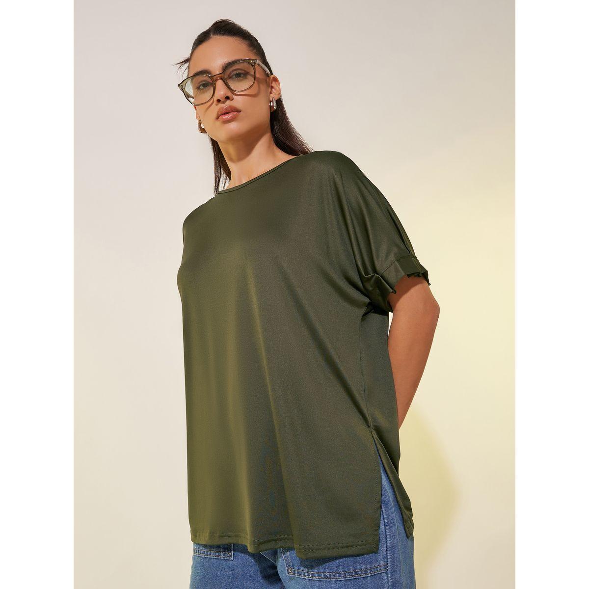 Styli Solid Round Neck Oversized T-Shirt with Slit-women-clothing-tshirts-image-3
