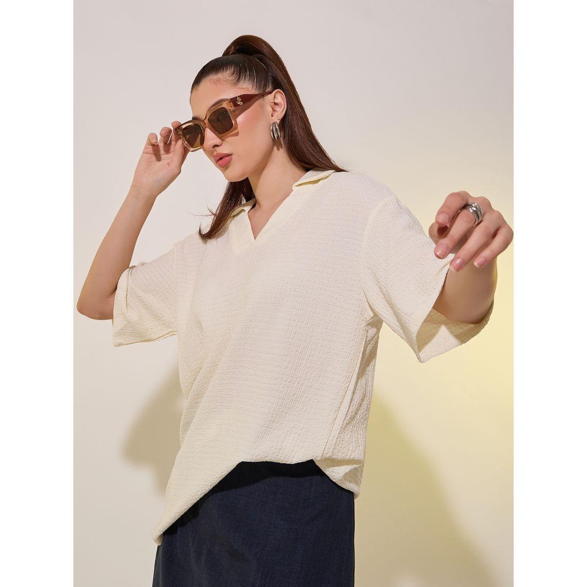 Styli Textured Polo Neck Short Sleeve T-Shirt-women-clothing-tshirts-image-1