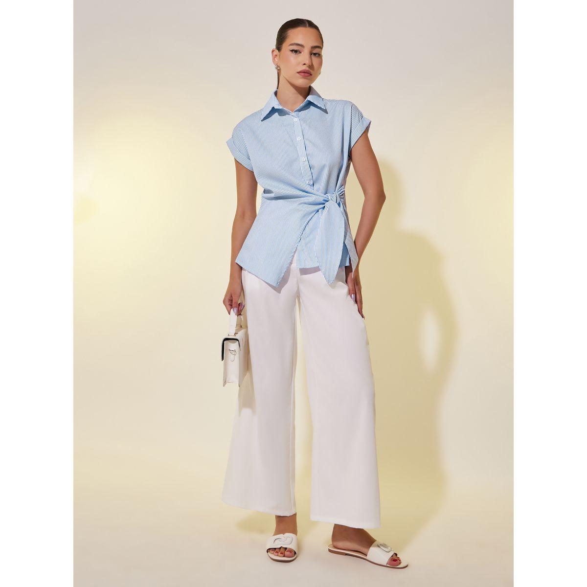 بلوزة مخططة بنمط لف وأكمام قصيرة-women-clothing-shirtsandblouses-blouses-image-2