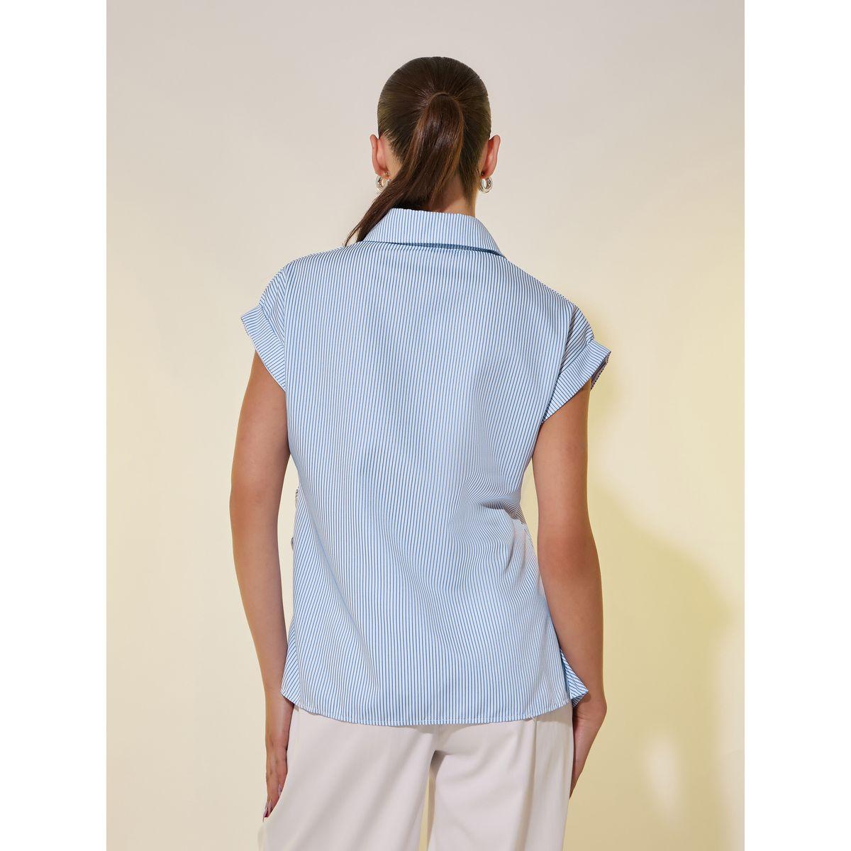 Styli Striped Collared Short Sleeve Wrap Top-women-clothing-shirtsandblouses-blouses-image-4